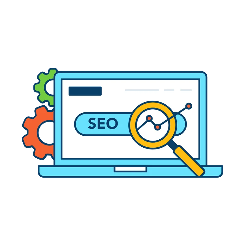 Illustration: Laptop mit SEO-Suche und Lupe